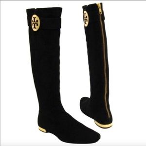 Tory Burch Uma 
Black Suede Leather Knee High Zipper Gold Flat